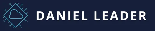 Daniel Leader Logo - 'Daniel Leader written in white text on a navy background. To the left of the text is the outline of a cloud in light blue with a computer chip outline surrounding the cloud.