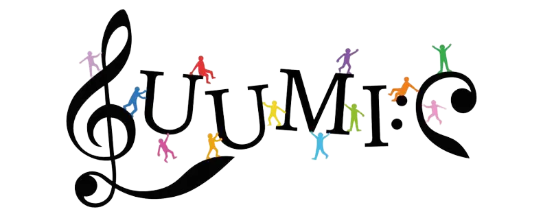 Luumic Logo - the acronym 'LUUMIC' with a treble clef incorporated into the 'L' and a bass clef incorporated into the 'C'. There are small colourful people climbing on each letter of the acronym.