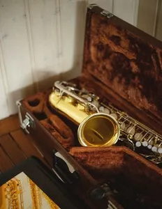 Saxophone in instrument case with wooden background