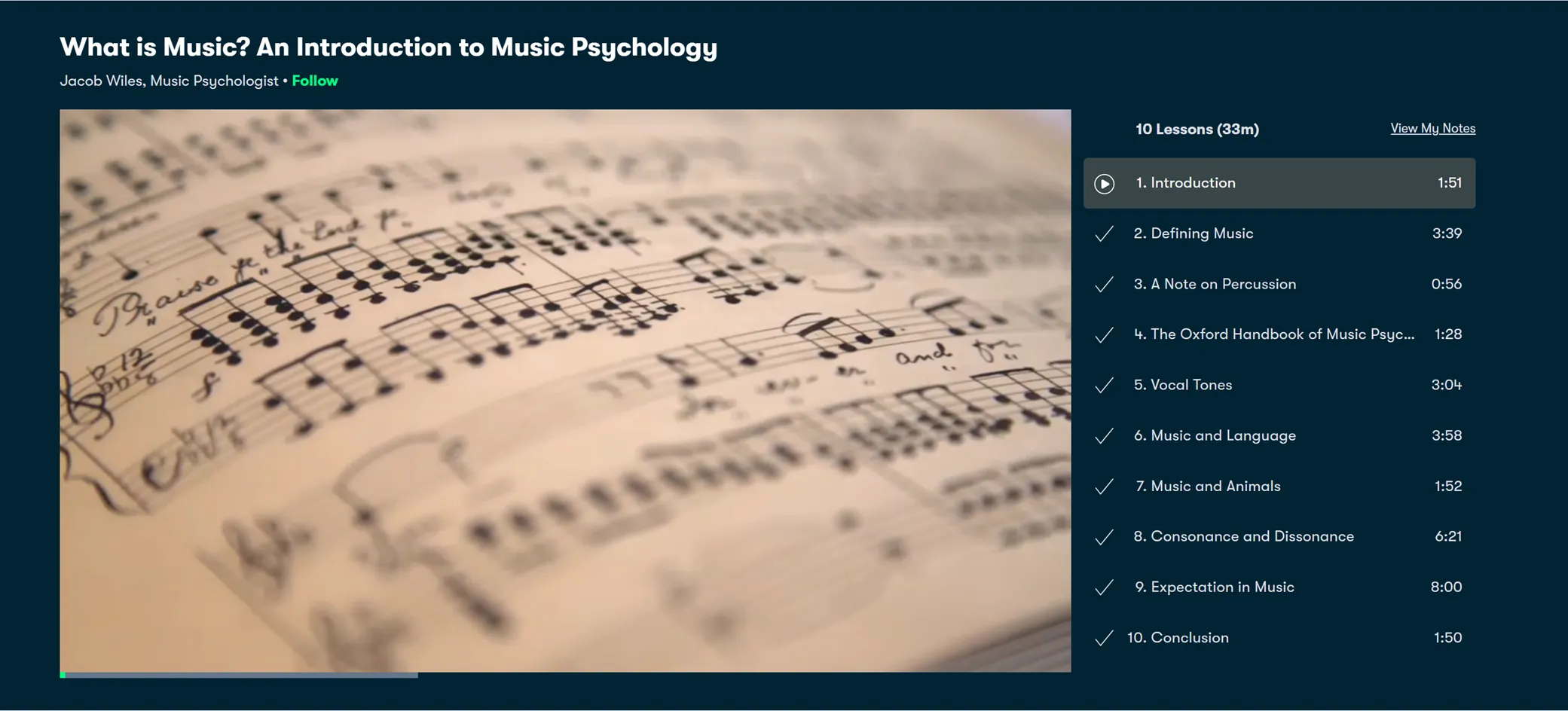 Screenshot of 'What is Music? An Introduction to Music Psychology' Skillshare class.