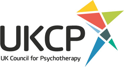 UKCP Logo - 'UKCP UK Council for Psychotherapy' written in black text on a white background. With a colourful geometric design on the right hand side of the text.