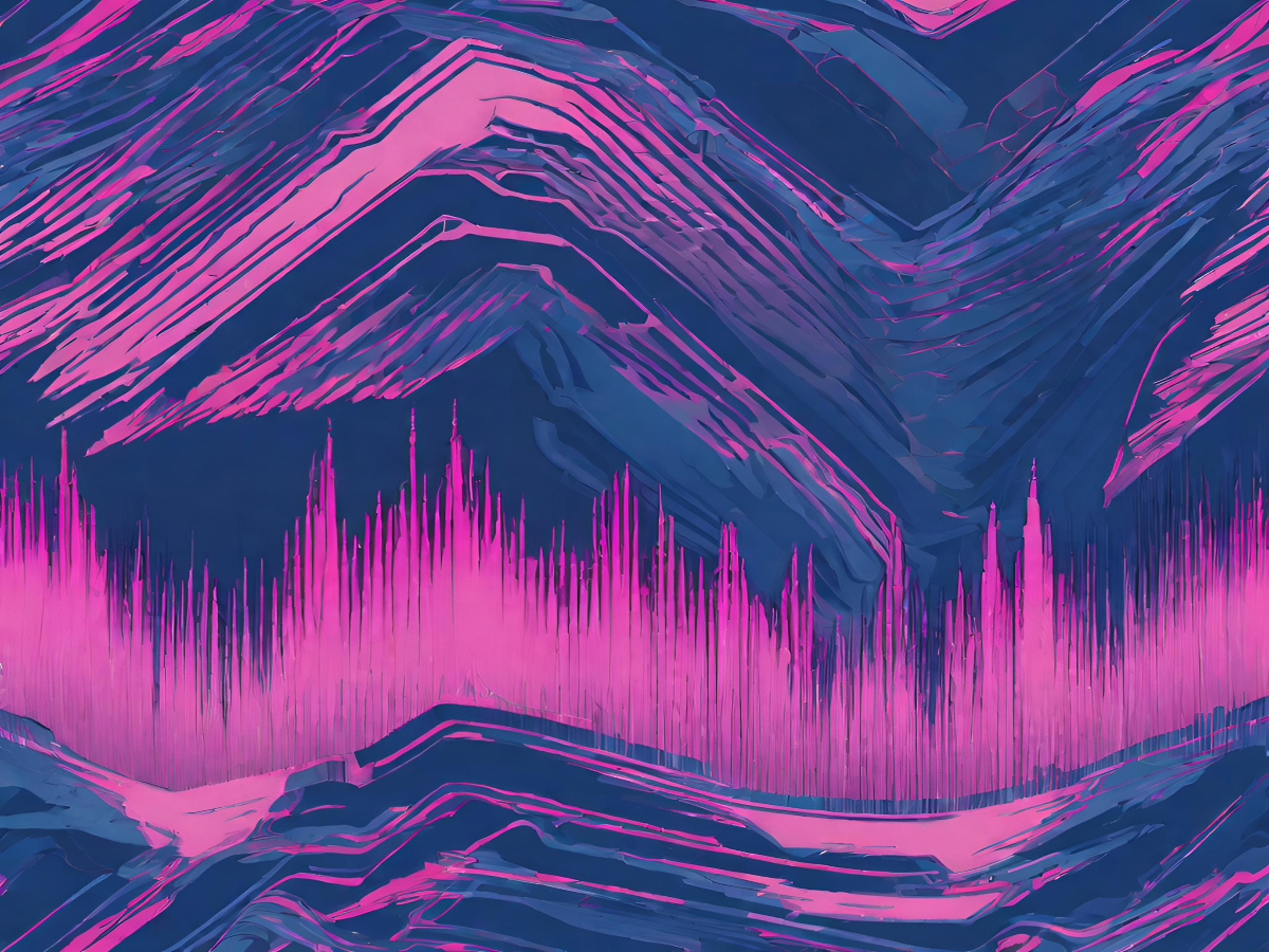 An abstract image of a pink soundwave with a blue and navy background that resembled mountains