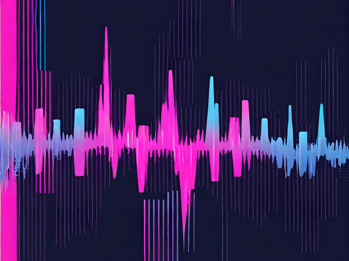 A blue and pink sound wave on a dark background