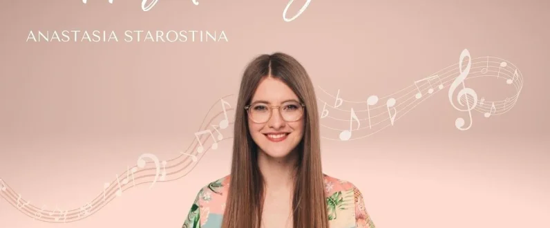 Happy Through Music podcast cover with young woman sitting in front of a pink backdrop and smiling. Behind her musical notes are laid out in a wave formation. The title 'Happy Through Music' is at the top of the image with 'Anastasia Starostina', the podcast host written just below.