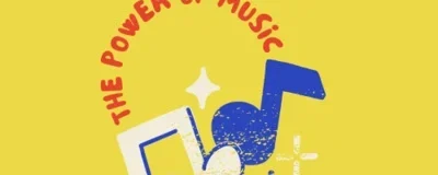 The power of music podcast art with a yellow background and musical notes under the title